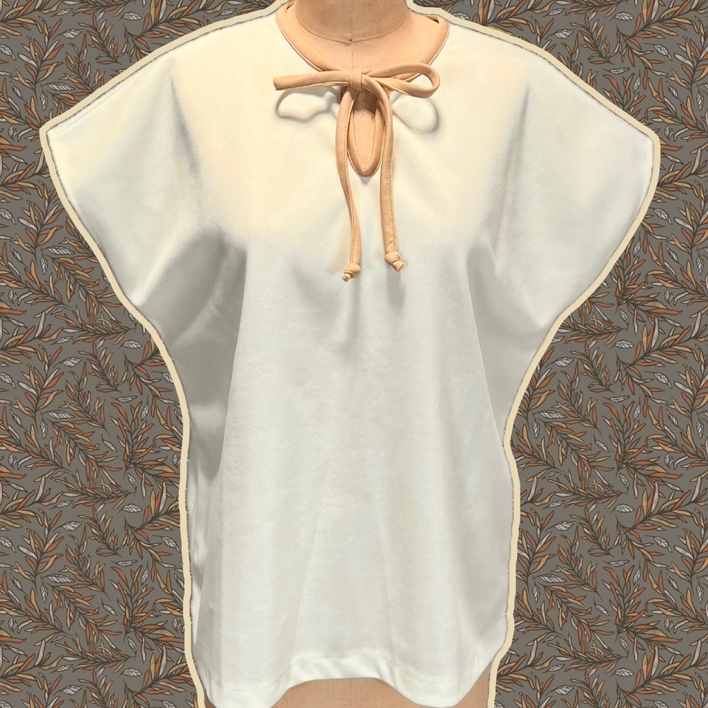 VINTAGE 70s bow tie tip short cap sleeves boxy fit double knit polyester